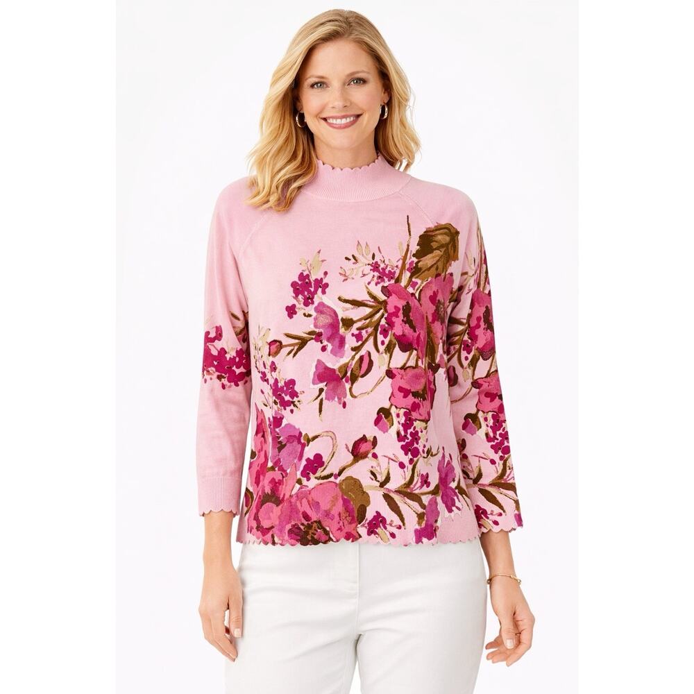 Talbots Pullover Sweater Petite M Watercolor Bouquet Pink Floral Mock Neck